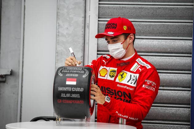 LECLERC Charles (mco), Scuderia Ferrari SF21, portrait, celebrating his pole position during the 2021 Formula One World Championship, WM, Weltmeisterschaft Grand Prix of Monaco from on May 20 to 23 in Monaco - FORMULE 1 : Grand prix de Monaco - Essais - Monaco - 22 05 2021 DPPI PANORAMIC  _GDN2672
