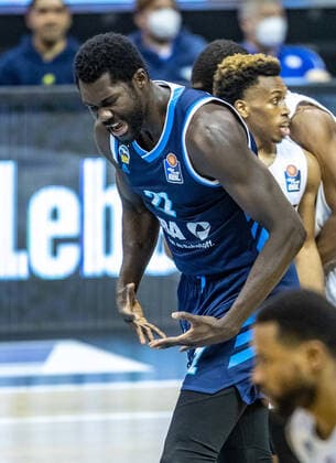 Basketball Bundesliga, Alba Berlin Hamburg Towers, Playoff Quarterfinals, Matchday 2, Mercedes Benz Arena ALBAs Jean Marc Christ Koumadje cheers after a dunk ALBA Berlin Hamburg Towers