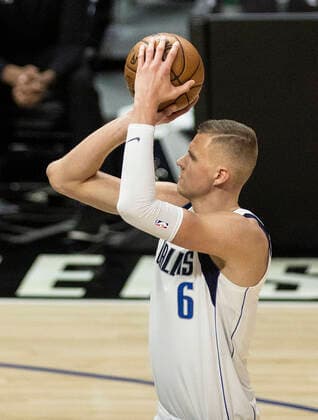 May 22, 2021, Los Angeles, California, USA: Kristaps Porzingis 6 of the Dallas Mavericks takes a free throw during Game One of the Western Conference First Round game against the Los Angeles Clippers on Saturday May 22, 2021 at the Staples Center in Los Angeles, California. Clippers lose to Mavericks, 103-113. PI Los Angeles USA - ZUMAp124 20210522_zaa_p124_037 Copyright: xJAVIERxROJASx