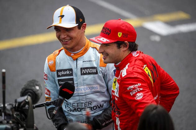 NORRIS Lando (gbr), McLaren MCL35M, portrait, celebrating his podium with SAINZ Carlos (spa), Scuderia Ferrari SF21 during the 2021 Formula One World Championship, WM, Weltmeisterschaft Grand Prix of Monaco from on May 20 to 23 in Monaco - FORMULE 1 : Grand prix de Monaco - Course - Monaco - 23 05 2021 DPPI PANORAMIC  _V2_3972