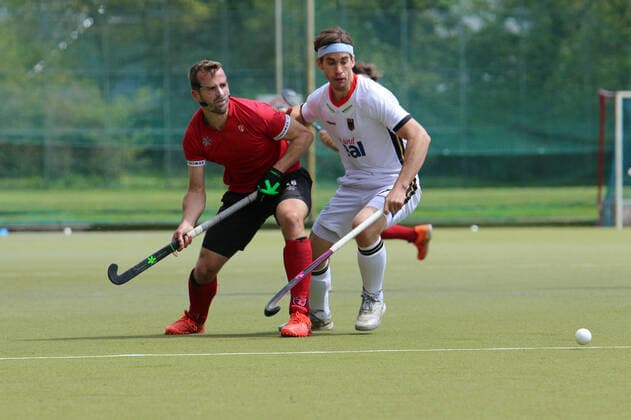 Test match of the German Hockey Men against Canada TJonas Gomoll r Germany in duel with Gordon Johnston l Canada