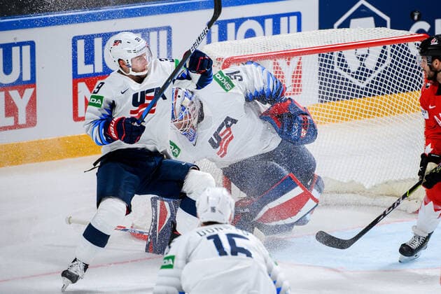 210523 Zac Jones and goalkeeper Anthony Stolarz of USA during the 2021 IIHF Ice Hockey World Championship game between Canada and USA on May 23, 2021 in Riga Photo Simon Hastegard BILDBYRAN kod SH SH0112 ishockey ice hockey ishockey vm iihf ice hockey world championship canada kanada usa day 3 bbeng,  Copyright: SIMONxHASTEGARD BB210523SH200