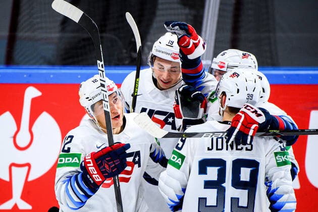 210523 Jason Robertson and Trevor Moore of USA celebrate the 0 3 goal during the 2021 IIHF Ice Hockey World Championship game between Canada and USA on May 23, 2021 in Riga Photo Simon Hastegard BILDBYRAN kod SH SH0112 ishockey ice hockey ishockey vm iihf ice hockey world championship canada kanada usa day 3 bbeng jubel,  Copyright: SIMONxHASTEGARD BB210523SH222