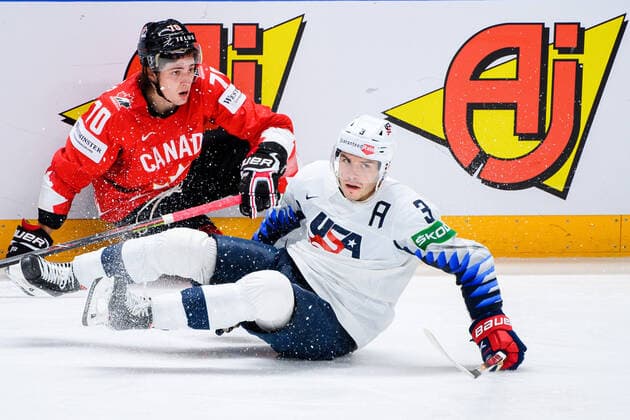 210523 Troy Stecher of Canada and Matt Roy of USA during the 2021 IIHF Ice Hockey World Championship game between Canada and USA on May 23, 2021 in Riga Photo Simon Hastegard BILDBYRAN kod SH SH0112 ishockey ice hockey ishockey vm iihf ice hockey world championship canada kanada usa day 3 bbeng,  Copyright: SIMONxHASTEGARD BB210523SH226