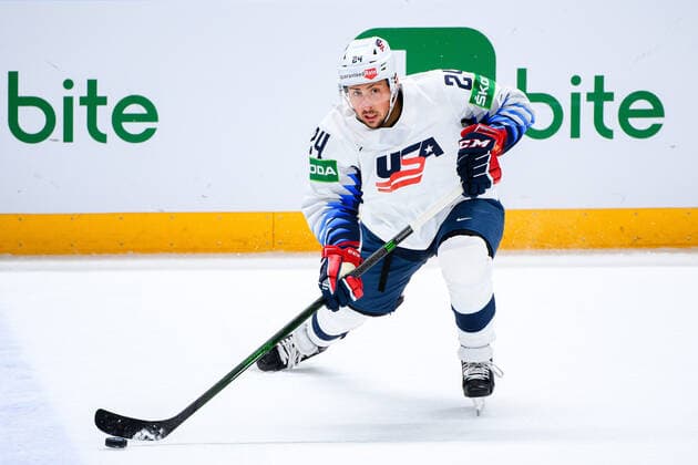210523 Sasha Chmelevski of USA during the 2021 IIHF Ice Hockey World Championship game between Canada and USA on May 23, 2021 in Riga Photo Simon Hastegard BILDBYRAN kod SH SH0112 ishockey ice hockey ishockey vm iihf ice hockey world championship canada kanada usa day 3 bbeng,  Copyright: SIMONxHASTEGARD BB210523SH227