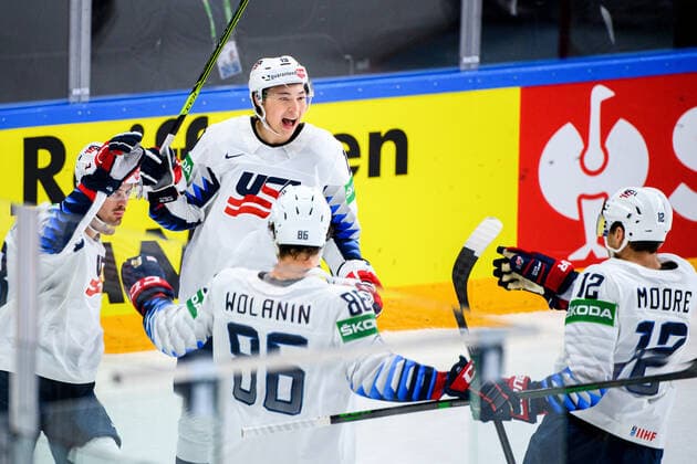 210523 Jason Robertson and Trevor Moore of USA celebrate the 0 4 goal during the 2021 IIHF Ice Hockey World Championship game between Canada and USA on May 23, 2021 in Riga Photo Simon Hastegard BILDBYRAN kod SH SH0112 ishockey ice hockey ishockey vm iihf ice hockey world championship canada kanada usa day 3 bbeng jubel,  Copyright: SIMONxHASTEGARD BB210523SH231