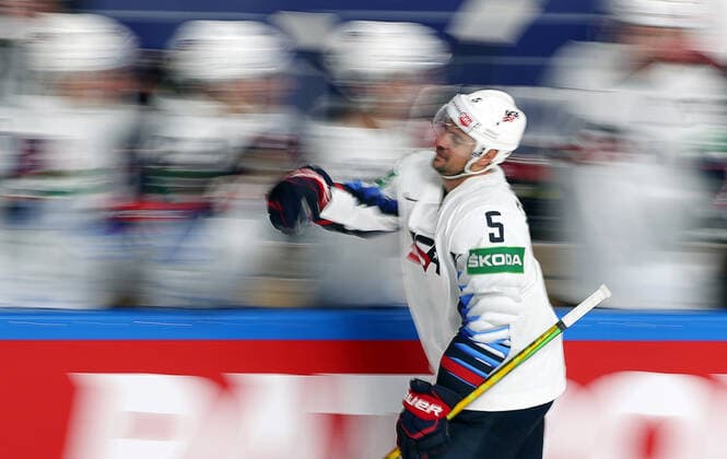 RIGA, LATVIA - MAY 23, 2021: The USA s Adam Clendening celebrates scoring in the 2021 IIHF World Championship, WM, Weltmeisterschaft Group B Ice hockey, Eishockey match against Canada at Arena Riga. Natalia Fedosenko TASS  TS101153