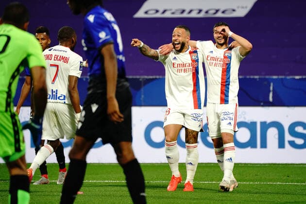 But - Karl Toko Ekambi (Lyon) - Memphis Depay (Lyon) - Houssem Aouar (Lyon) FOOTBALL : Lyon vs OGC Nice - Ligue 1 Uber Eats - Lyon - 23 05 2021 NorbertScanella PanoramiC 