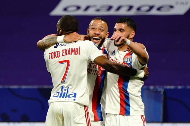 But - Karl Toko Ekambi (Lyon) - Memphis Depay (Lyon) - Houssem Aouar (Lyon) FOOTBALL : Lyon vs OGC Nice - Ligue 1 Uber Eats - Lyon - 23 05 2021 NorbertScanella PanoramiC 