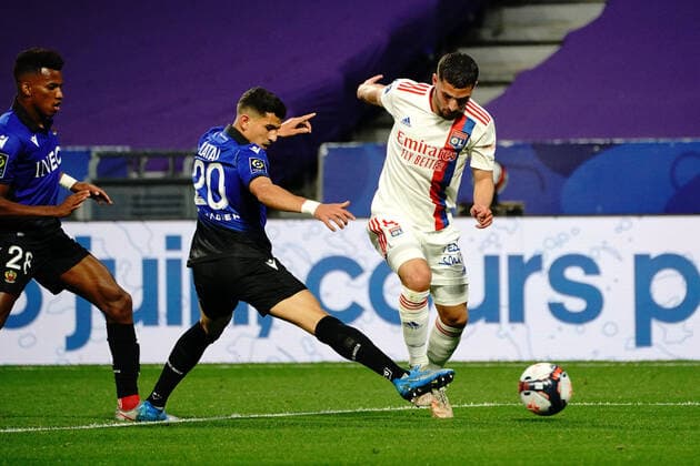 Houssem Aouar (Lyon) - Youcef Atal (OGC Nice) FOOTBALL : Lyon vs OGC Nice - Ligue 1 Uber Eats - Lyon - 23 05 2021 NorbertScanella PanoramiC 