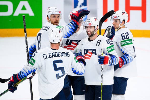 210523 Matt Tennyson, Ryan Donato, Colin Blackwell and Kevin Labanc of USA celebrates the 1 5 goal during the 2021 IIHF Ice Hockey World Championship game between Canada and USA on May 23, 2021 in Riga Photo Simon Hastegard BILDBYRAN kod SH SH0112 ishockey ice hockey ishockey vm iihf ice hockey world championship canada kanada usa day 3 bbeng jubel,  Copyright: SIMONxHASTEGARD BB210523SH241