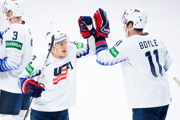 210523 Trevor Moore and Brian Boyle of USA celebrate after the 2021 IIHF Ice Hockey World Championship game between Canada and USA on May 23, 2021 in Riga Photo Simon Hastegard BILDBYRAN kod SH SH0112 ishockey ice hockey ishockey vm iihf ice hockey world championship canada kanada usa day 3 bbeng jubel,  Copyright: SIMONxHASTEGARD BB210523SH245