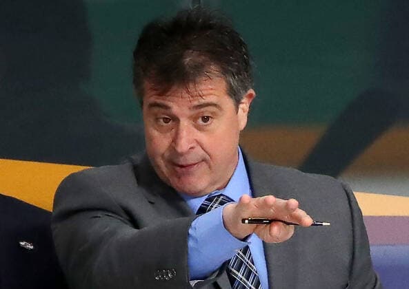 RIGA, LATVIA - MAY 23, 2021: Jack Capuano, head coach of the US men s national Ice hockey, Eishockey team, reacts in the 2021 IIHF World Championship, WM, Weltmeisterschaft Group B ice hockey match against Canada at Arena Riga. Natalia Fedosenko TASS  TS101189