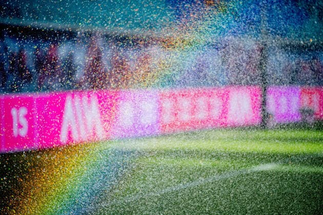 View of the turf with a rainbow through the water sprinkler RB Leipzig VfL Wolfsburg 2 2 16 May 2021 Leipzig, Red Bull Arena Football 1 Bundesliga, 33 Matchday RB Leipzig VfL Wolfsburg 2 2