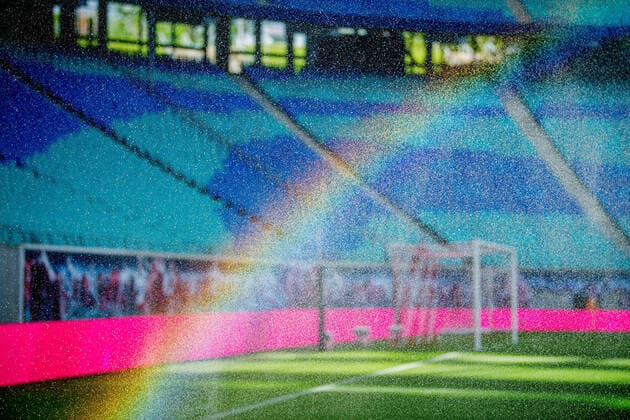 View of the turf with a rainbow through the water sprinkler RB Leipzig VfL Wolfsburg 2 2 16 May 2021 Leipzig, Red Bull Arena Football 1 Bundesliga, 33 Matchday RB Leipzig VfL Wolfsburg 2 2
