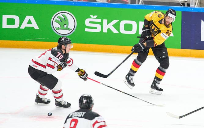 Matthias PLACHTA 22 of Germany scores, shoots goal , Tor, Treffer, 2-0 GERMANY - CANADA IIHF Ice hockey, Eishockey WORLD CHAMPIONSHIPS Group B in Riga, Latvia, Lettland, May 24, 2021, Season 2020 2021