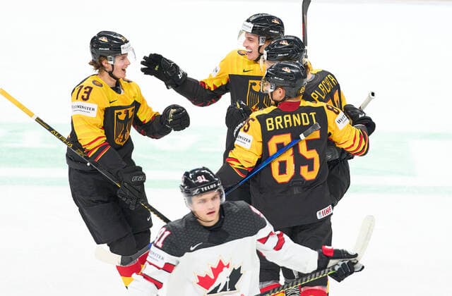Matthias PLACHTA 22 of Germany scores, shoots goal , Tor, Treffer, 2-0 , celebrates his goal, happy, laugh, celebration, Lucas DUMONT, 13 of Germany Marc MICHAELIS 65 of Germany Leon GAWANKE 9 of Germany GERMANY - CANADA IIHF Ice hockey, Eishockey WORLD CHAMPIONSHIPS Group B in Riga, Latvia, Lettland, May 24, 2021, Season 2020 2021