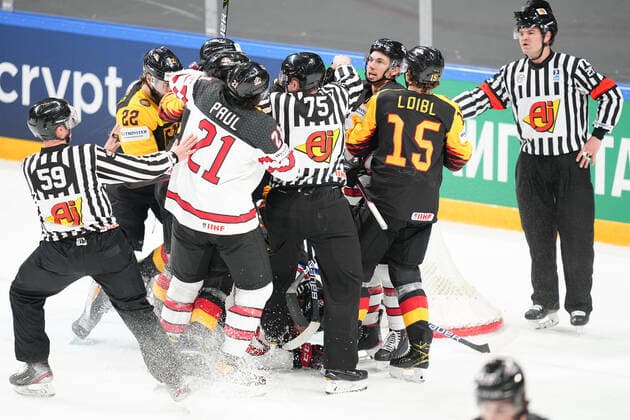 24 05 2021, Riga, Arena Riga, Germany vs Canada 2021 IIHF Ice Hockey World Championship , trouble in front of the Germany net Riga Riga Latvia  Copyright: xJustPictures.ch JarixPestelaccix
