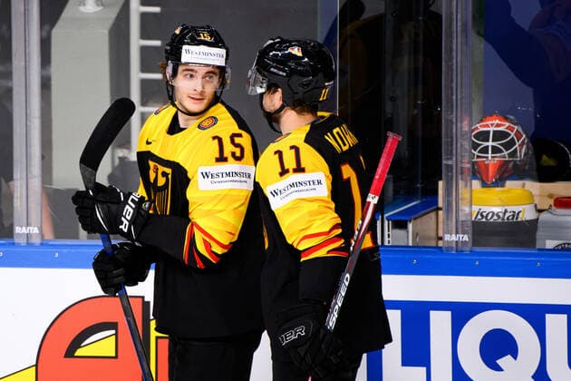 210524 Michael Bunting and Marco Nowak of Germany celebrate the 1 0 goal during the 2021 IIHF Ice Hockey World Championship game between Germany and Canada on May 24, 2021 in Riga Photo Simon Hastegard BILDBYRAN kod SH SH0113 ishockey ice hockey ishockey vm iihf ice hockey world championship germany tyskland canada kanada day 4 bbeng jubel,  Copyright: SIMONxHASTEGARD BB210524SH038