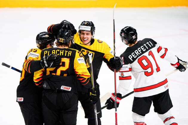 210524 Matthias Plachta, Marcel Brandt and Leon Gawanke of Germany celebrate the 2 0 goal during the 2021 IIHF Ice Hockey World Championship game between Germany and Canada on May 24, 2021 in Riga Photo Simon Hastegard BILDBYRAN kod SH SH0113 ishockey ice hockey ishockey vm iihf ice hockey world championship germany tyskland canada kanada day 4 bbeng jubel,  Copyright: SIMONxHASTEGARD BB210524SH042