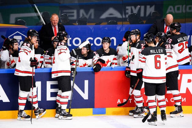 210524 Players of Canada look dejected during the 2021 IIHF Ice Hockey World Championship game between Germany and Canada on May 24, 2021 in Riga Photo Simon Hastegard BILDBYRAN kod SH SH0113 ishockey ice hockey ishockey vm iihf ice hockey world championship germany tyskland canada kanada day 4 bbeng depp,  Copyright: SIMONxHASTEGARD BB210524SH043
