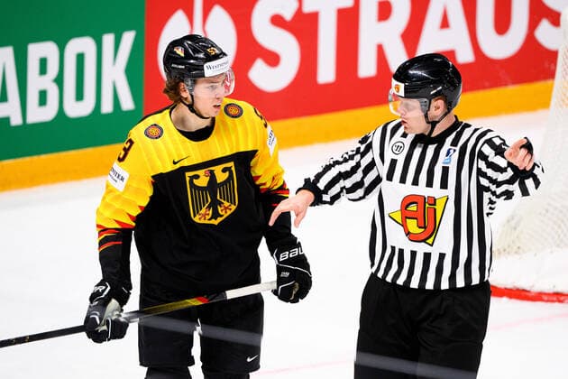 210524 Moritz Seider of Germany during the 2021 IIHF Ice Hockey World Championship game between Germany and Canada on May 24, 2021 in Riga Photo Simon Hastegard BILDBYRAN kod SH SH0113 ishockey ice hockey ishockey vm iihf ice hockey world championship germany tyskland canada kanada day 4 bbeng depp utvisning,  Copyright: SIMONxHASTEGARD BB210524SH049