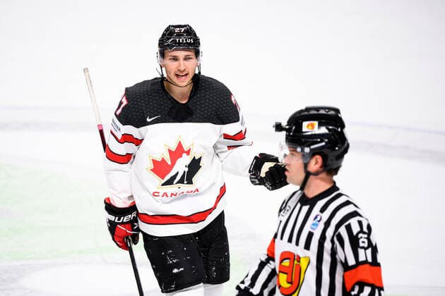 210524 Michael Bunting of Canada reacts during the 2021 IIHF Ice Hockey World Championship game between Germany and Canada on May 24, 2021 in Riga Photo Simon Hastegard BILDBYRAN kod SH SH0113 ishockey ice hockey ishockey vm iihf ice hockey world championship germany tyskland canada kanada day 4 bbeng depp,  Copyright: SIMONxHASTEGARD BB210524SH051