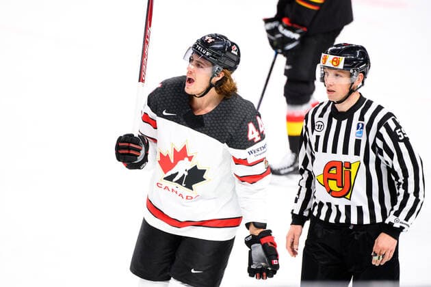 210524 Maxime Comtois of Canada reacts during the 2021 IIHF Ice Hockey World Championship game between Germany and Canada on May 24, 2021 in Riga Photo Simon Hastegard BILDBYRAN kod SH SH0113 ishockey ice hockey ishockey vm iihf ice hockey world championship germany tyskland canada kanada day 4 bbeng depp,  Copyright: SIMONxHASTEGARD BB210524SH057