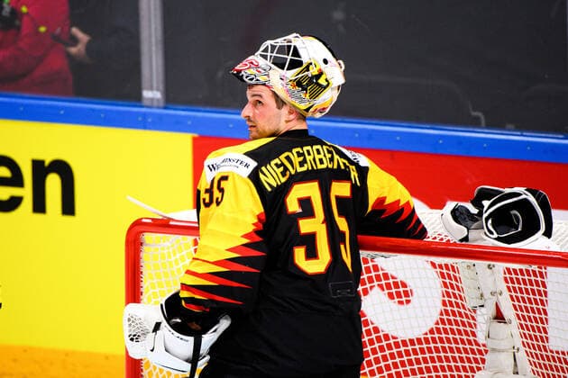 210524 Goalkeeper Mathias Niederberger of Germany during the 2021 IIHF Ice Hockey World Championship game between Germany and Canada on May 24, 2021 in Riga Photo Simon Hastegard BILDBYRAN kod SH SH0113 ishockey ice hockey ishockey vm iihf ice hockey world championship germany tyskland canada kanada day 4 bbeng,  Copyright: SIMONxHASTEGARD BB210524SH060