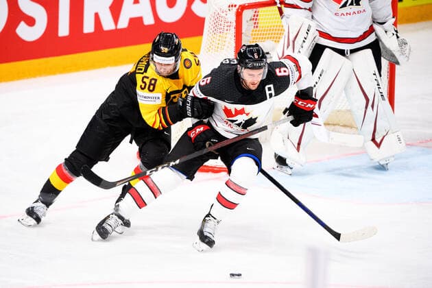 210524 Markus Eisenschmid of Germany and Colin Miller of Canada during the 2021 IIHF Ice Hockey World Championship game between Germany and Canada on May 24, 2021 in Riga Photo Simon Hastegard BILDBYRAN kod SH SH0113 ishockey ice hockey ishockey vm iihf ice hockey world championship germany tyskland canada kanada day 4 bbeng,  Copyright: SIMONxHASTEGARD BB210524SH062