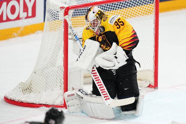 24 05 2021, Riga, Arena Riga, Germany vs Canada 2021 IIHF Ice Hockey World Championship , goalkeeper Mathias Niederberger Germany shoulder save Riga Riga Latvia  Copyright: xJustPictures.ch JarixPestelaccix