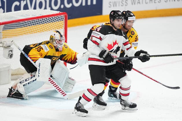24 05 2021, Riga, Arena Riga, Germany vs Canada 2021 IIHF Ice Hockey World Championship , 14 Adam Henrique Canada against 91 Moritz Muller Germany goalkeeper Mathias Niederberger Germany Riga Riga Latvia  Copyright: xJustPictures.ch JarixPestelaccix