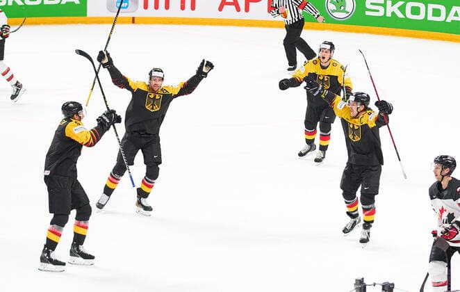 Korbinian HOLZER 5 of Germany celebrates his goal, happy, laugh, celebration, 3-1 GERMANY - CANADA IIHF Ice hockey, Eishockey WORLD CHAMPIONSHIPS Group B in Riga, Latvia, Lettland, May 24, 2021, Season 2020 2021