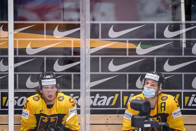 210524 Moritz Seider and Korbinian Holzer of Germany in the penalty box during the 2021 IIHF Ice Hockey World Championship game between Germany and Canada on May 24, 2021 in Riga Photo Simon Hastegard BILDBYRAN kod SH SH0113 ishockey ice hockey ishockey vm iihf ice hockey world championship germany tyskland canada kanada day 4 bbeng,  Copyright: SIMONxHASTEGARD BB210524SH064