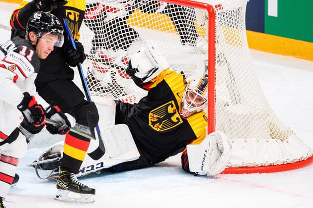 210524 Goalkeeper Mathias Niederberger of Germany during the 2021 IIHF Ice Hockey World Championship game between Germany and Canada on May 24, 2021 in Riga Photo Simon Hastegard BILDBYRAN kod SH SH0113 ishockey ice hockey ishockey vm iihf ice hockey world championship germany tyskland canada kanada day 4 bbeng,  Copyright: SIMONxHASTEGARD BB210524SH065