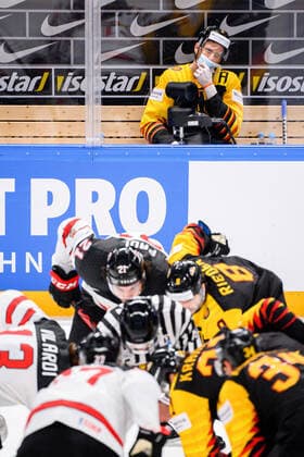 210524 Korbinian Holzer of Germany in the penalty box during the 2021 IIHF Ice Hockey World Championship game between Germany and Canada on May 24, 2021 in Riga Photo Simon Hastegard BILDBYRAN kod SH SH0113 ishockey ice hockey ishockey vm iihf ice hockey world championship germany tyskland canada kanada day 4 bbeng,  Copyright: SIMONxHASTEGARD BB210524SH066