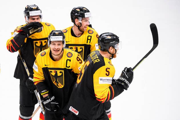 210524 Moritz Muller and Korbinian Holzer of Germany celebrates the 3 1 goal during the 2021 IIHF Ice Hockey World Championship game between Germany and Canada on May 24, 2021 in Riga Photo Simon Hastegard BILDBYRAN kod SH SH0113 ishockey ice hockey ishockey vm iihf ice hockey world championship germany tyskland canada kanada day 4 bbeng jubel,  Copyright: SIMONxHASTEGARD BB210524SH070