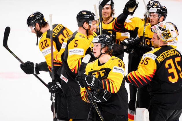 210524 Moritz Seider of Germany celebrates after the 2021 IIHF Ice Hockey World Championship game between Germany and Canada on May 24, 2021 in Riga Photo Simon Hastegard BILDBYRAN kod SH SH0113 ishockey ice hockey ishockey vm iihf ice hockey world championship germany tyskland canada kanada day 4 bbeng jubel,  Copyright: SIMONxHASTEGARD BB210524SH073