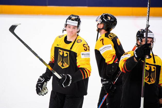 210524 Moritz Seider of Germany celebrates after the 2021 IIHF Ice Hockey World Championship game between Germany and Canada on May 24, 2021 in Riga Photo Simon Hastegard BILDBYRAN kod SH SH0113 ishockey ice hockey ishockey vm iihf ice hockey world championship germany tyskland canada kanada day 4 bbeng jubel,  Copyright: SIMONxHASTEGARD BB210524SH074