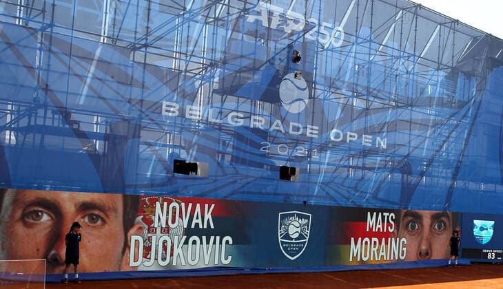 25.05.2021 Belgrade(Serbia) ATP, Tennis Herren Belgrade Open men s tennis singles Before match Novak Djokovic,Mats Moraing on display with Serbian and German flags :