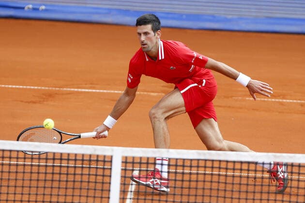 (210526) -- BELGRADE, May 26, 2021 -- Serbia s Novak Djokovic returns to Germany s Mats Moraing during their ATP, Tennis Herren 250 Belgrade Open round of 16 singles tennis match in Belgrade, Serbia on May 25, 2021. (Photo by Predrag Milosavljevic Xinhua) (SP)SERBIA-BELGRADE-TENNIS-NOVAK DJOKOVIC ShixZhongyu 