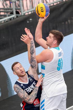 BASKETBALL - FIBA 3x3 Olympic Qualifying GRAZ,AUSTRIA,26.MAY.21 - BASKETBALL - FIBA 3x3 Olympic Qualifying, men, FRA vs SLO. Image shows Antoine Eito (FRA) and Anze Srebovt (SLO).  GEPAxpictures xChristianxWalgram