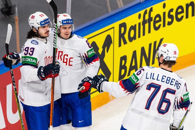 210526 Thomas Valkvae Olsen of Norway celebrates with Michael Haga after scoring 1 2 during the 2021 IIHF Ice Hockey World Championship game between Canada and Norway on May 26, 2021 in Riga Photo Simon Hastegard BILDBYRAN kod SH SH0117 ishockey ice hockey ishockey vm iihf ice hockey world championship canada kanada norge norway day 6 bbeng jubel,  Copyright: SIMONxHASTEGARD BB210526SH040