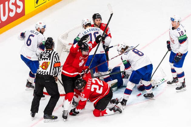 210526 Adam Henrique and Brandon Hagel of Canada celebrate after scoring a goal that was later denied after video review during the 2021 IIHF Ice Hockey World Championship game between Canada and Norway on May 26, 2021 in Riga Photo Simon Hastegard BILDBYRAN kod SH SH0117 ishockey ice hockey ishockey vm iihf ice hockey world championship canada kanada norge norway day 6 bbeng jubel,  Copyright: SIMONxHASTEGARD BB210526SH053