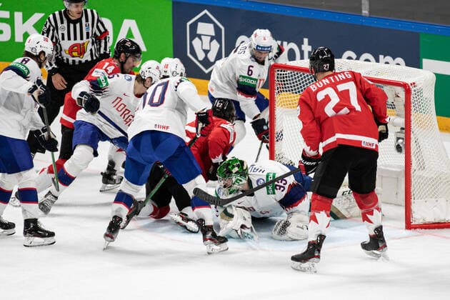May 26, 2021, Riga, Latvia: Riga, Latvia, Arena Riga, May 26, 2021, Bunting (Canada) ..Haukeland (Norway) during World Championship, WM, Weltmeisterschaft 2021 - Canada vs Norway - Ice hockey, Eishockey Ice Hockey - World Championship 2021 - Canada vs Norway, riga, Latvia - ZUMAl164 20210526_zsa_l164_083 Copyright: xAndreaxRex