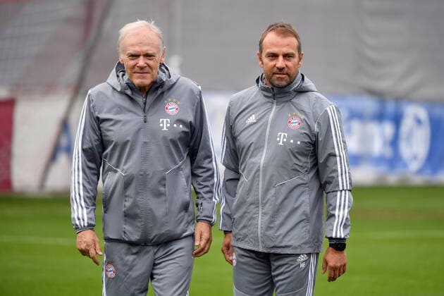 HANSI FLICK WILL TAKE BAYERN LEGENDE HERMANN GERLAND OFFENBAR WITH THE DFB archive photo from left Hans Dieter Hansi FLICK Co Trainer FCB , Hermann GERLAND,Co Trainer Bayern Muenchen final training FC Bayern Muenchen before the Champions League match FC Bayern Muenchen Olympiacos FC Piraeus , football,on 05 11 2019 Â