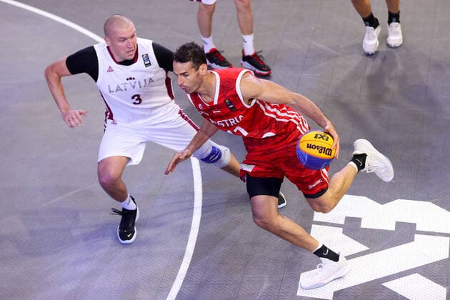 BASKETBALL - FIBA 3x3 Olympic Qualifying GRAZ,AUSTRIA,27.MAY.21 - BASKETBALL - FIBA 3x3 Olympic Qualifying, men, AUT vs LAT. Image shows Edgars Krumins (LAT) and Fabricio Vay (AUT).  GEPAxpictures xChristianxWalgram