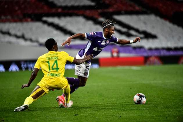 Steven Moreira (tfc) FOOTBALL : Toulouse vs Nantes - Match Aller des Barrages L2 vs L1 - Toulouse - 27 05 2021 ThierryBreton Panoramic 