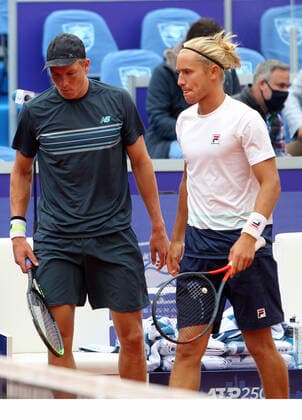 28.05.2021 Belgrade(Serbia) ATP, Tennis Herren Belgrade Open men s tennis doubles final Rafael Matos (R) Brazil ,Andre Goransson (L) Sweden react during lost match :