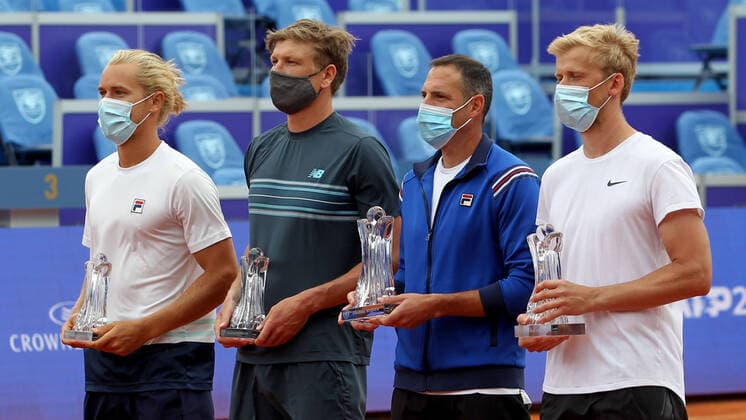 28.05.2021 Belgrade(Serbia) ATP, Tennis Herren Belgrade Open men s tennis doubles final Rafael Matos(Brazil),Andre Goransson (Sweden) second place,Jonathan Erlich(Israel), Andrei Vasilevski( Belarus) first place :